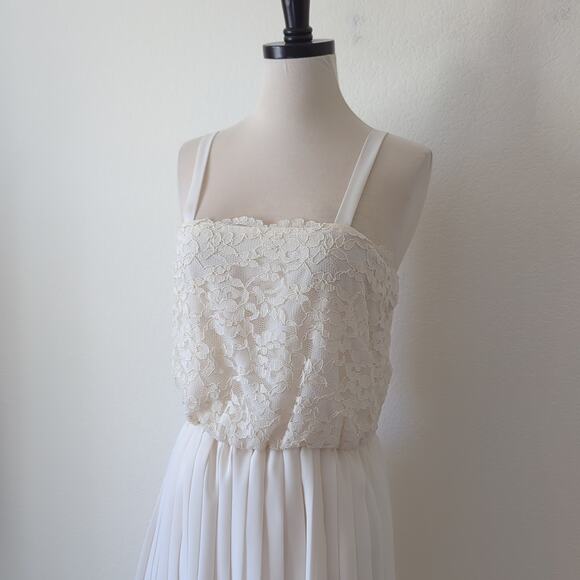 Vintage Dresses & Skirts - Vintage Dress 60s 70s Womens M Cream White Pleated Lace Feminine Wedding Event